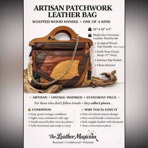 Artisan Patchwork Leather Wood handle bag One of a kind Boho Vintage Statement